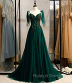 Dark Green Beaded Tulle Straps A Line Formal Dresses, Green Prom Dress