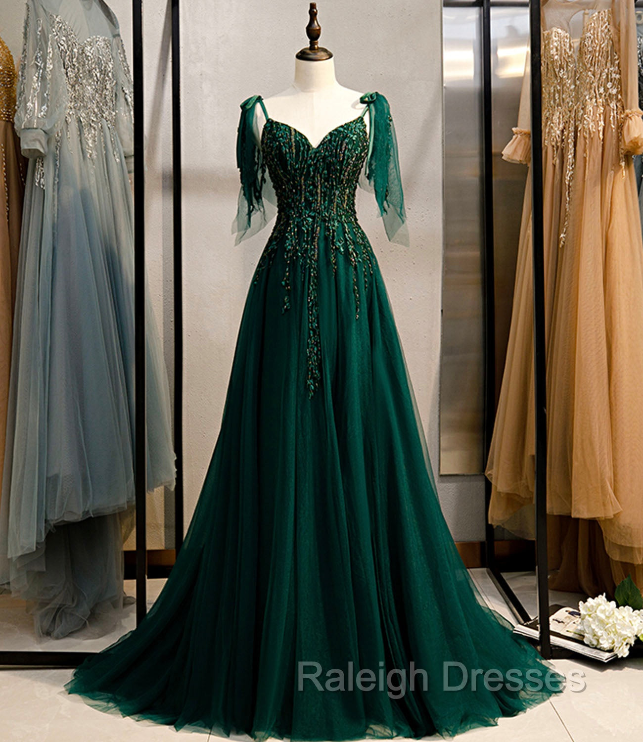 Dark Green Beaded Tulle Straps A Line Formal Dresses, Green Prom Dress