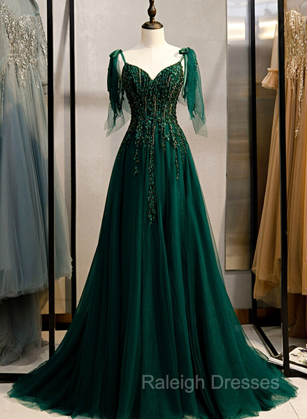 Dark Green Beaded Tulle Straps A-line Formal Dresses, Green Evening Dress Prom Dresses Main image