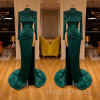 Dark Green Beadings Pearl Long Sleeves Evening Gowns Mermaid Prom Dress With Slit