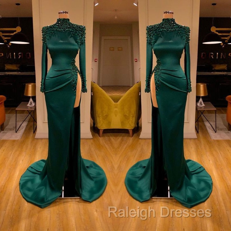 Dark Green Beadings Pearl Long Sleeves Prom Gowns Mermaid Prom Dresses With Slit Secondary image
