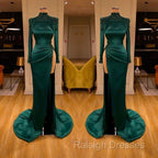 Dark Green Beadings Pearl Long Sleeves Prom Gowns Mermaid Prom Dresses With Slit