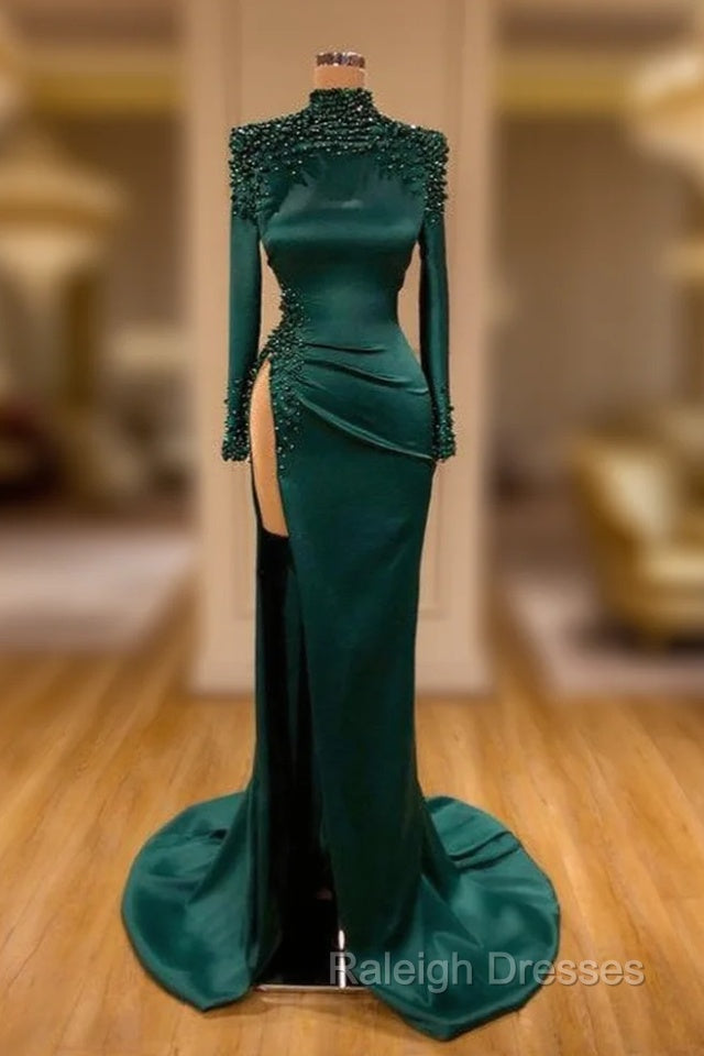 Dark Green Beadings Pearl Long Sleeves Prom Gowns Mermaid Prom Dresses With Slit Main image