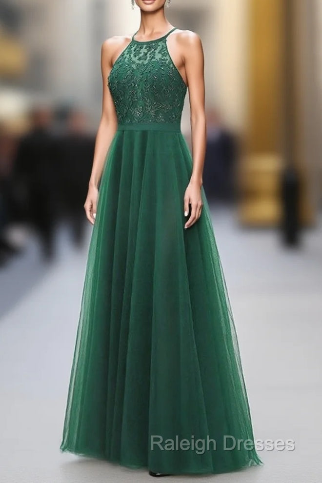 Dark Green Cross Back Tulle Halter Long Prom Dresses A Line Junior Prom Dresses Main image