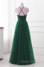 Dark Green Cross Back Tulle Halter Long Prom Dresses A Line Junior Prom Dresses