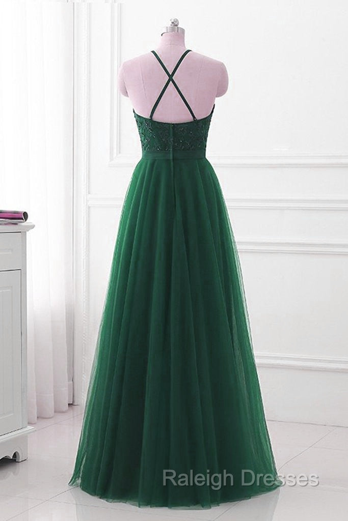 Dark Green Cross Back Tulle Halter Long Prom Dresses A Line Junior Prom Dresses