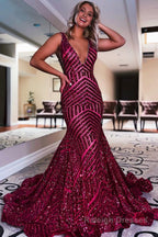 Dark Green Deep V Neck Sequin Mermaid Prom Dress