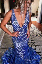 Dark Green Deep V Neck Sequin Mermaid Prom Dress