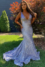 Dark Green Deep V Neck Sequin Mermaid Prom Dress