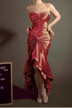 Elegant Spaghetti Strap Mermaid Satin Dark Green Prom Dresses Long Gorgeous Prom Dresses