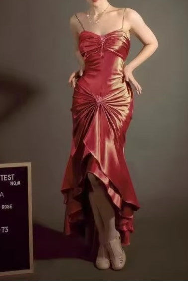 Elegant Spaghetti Strap Mermaid Satin Dark Green Prom Dresses Long Gorgeous Prom Dresses