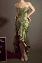 Elegant Spaghetti Strap Mermaid Satin Dark Green Prom Dresses Long Gorgeous Prom Dresses