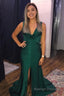 Dark Green Keyhole V Neck Long Prom Dress With Split Front