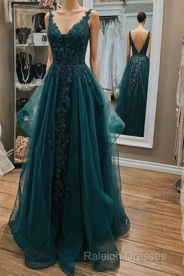 Dark Green Lace Beaded Long Prom Dresses, V Neck Backless Evening Dresses
