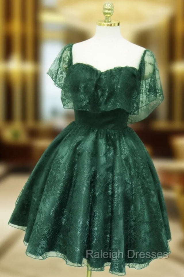 Dark Green Lace Off Shoulder Short Party Dress, Lace Homecoming Dress Main image