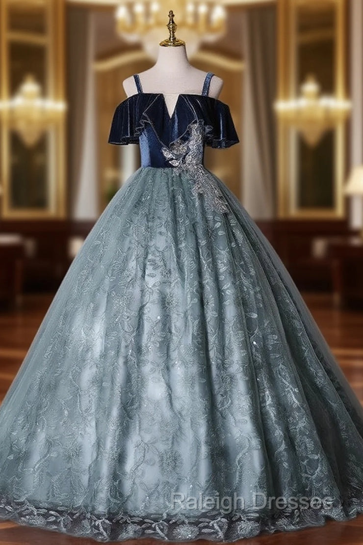 Dark Green Lace Spaghetti Straps Quinceanera Dress