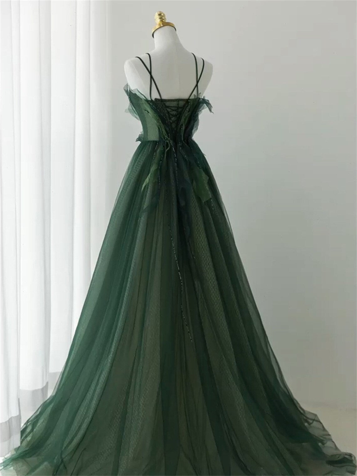 Dark Green Long Beaded A-Line Evening Dress Party Dress, Green Prom Dress