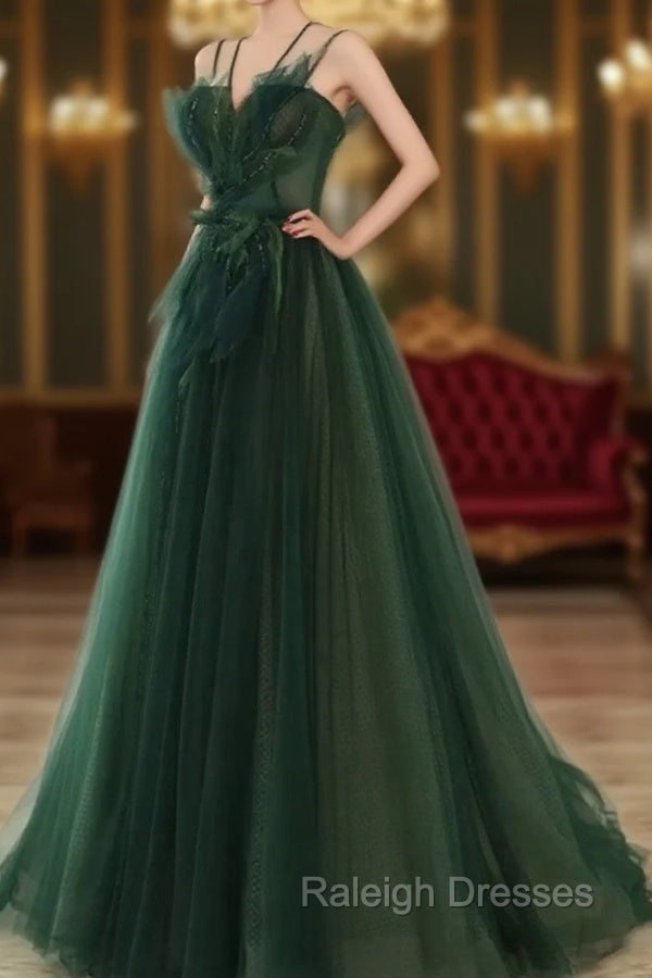 Dark Green Long Beaded A-line Evening Dress Party Dress, Green Prom Dress Main image