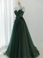 Dark Green Long Beaded A-Line Evening Dress Party Dress, Green Prom Dress