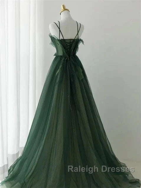 Dark Green Long Beaded A-Line Evening Dress Party Dress Prom Dress Formal Dress December Wedding Guest Dress