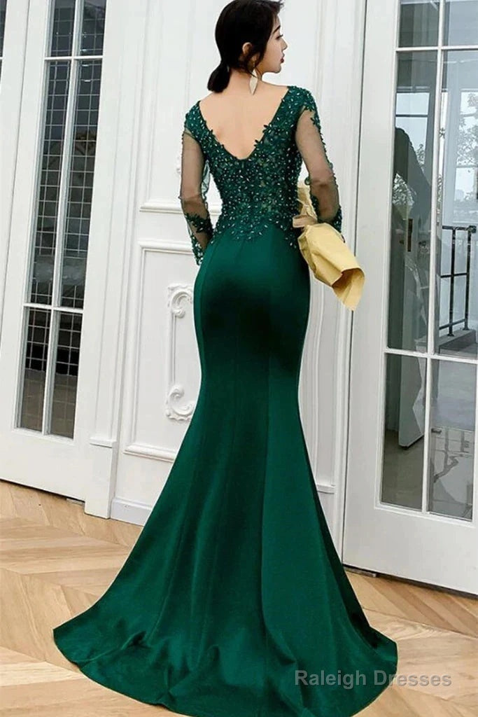 Dark Green Long Sleeve Beading Appliques Mermaid Prom Dresses Secondary image