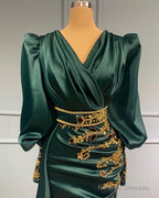 Dark Green Long Sleeve Beading Satin Trumpet Mermaid Prom Dress