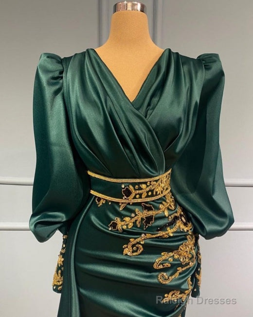 Dark Green Long Sleeve Beading Satin Trumpet Mermaid Prom Dresses