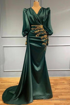Dark Green Long Sleeve Beading Satin Trumpet Mermaid Prom Dress