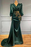 Dark Green Long Sleeve Beading Satin Trumpet Mermaid Prom Dresses