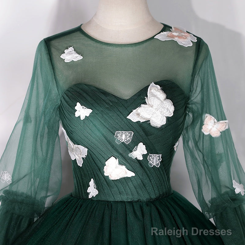 Dark Green Long Sleeves Ball Gown Sweet 16 Dresses, Green Tulle Round Neckline Prom Dresses