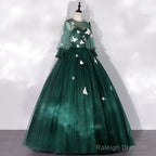 Dark Green Long Sleeves Ball Gown Sweet 16 Dresses, Green Tulle Round Neckline Prom Dresses