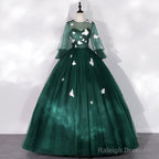 Dark Green Long Sleeves Ball Gown Sweet 16 Dresses, Green Tulle Round Neckline Prom Dresses