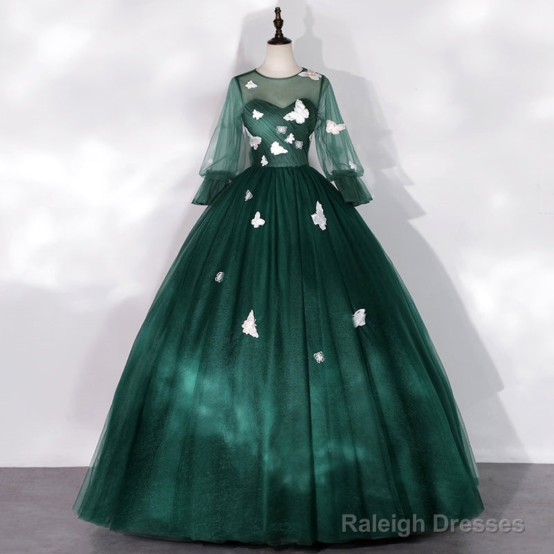 Dark Green Long Sleeves Ball Gown Sweet 16 Dresses, Green Tulle Round Neckline Prom Dresses
