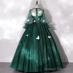 Dark Green Long Sleeves Ball Gown Sweet 16 Dresses, Green Tulle Round Neckline Prom Dresses