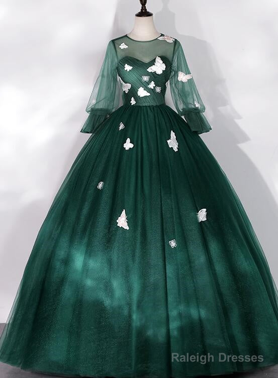 Dark Green Long Sleeves Ball Gown Sweet 16 Dresses, Green Tulle Round Neckline Prom Dresses Main image