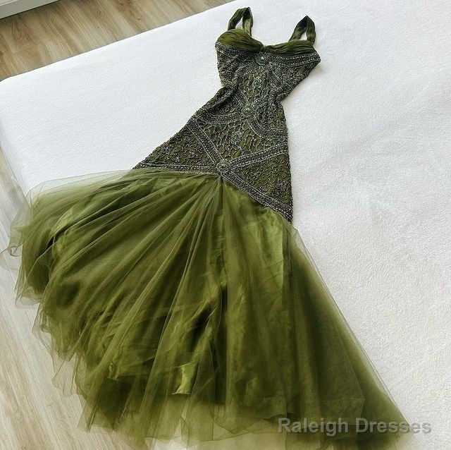Dark Green Merimaid Spaghetti Strap Tulle Beaded Long Prom Dress Birthday Graduation Prom Dress