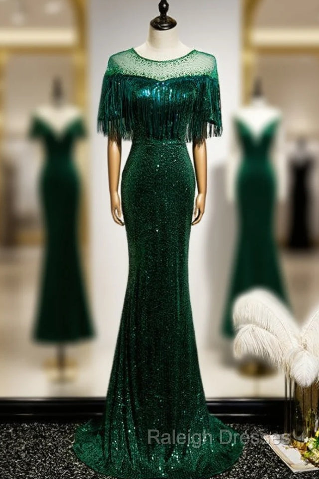 Dark Green Mermadi Sequins Tassel Short Sleeve Prom Dress Main image
