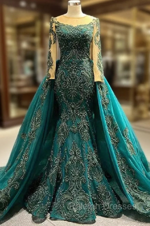 Dark Green Mermaid Long Sleeve Appliques Beading Prom Dress