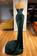 Dark Green Mermaid Spaghetti-Straps Satin Prom Dresses Long With Beadings