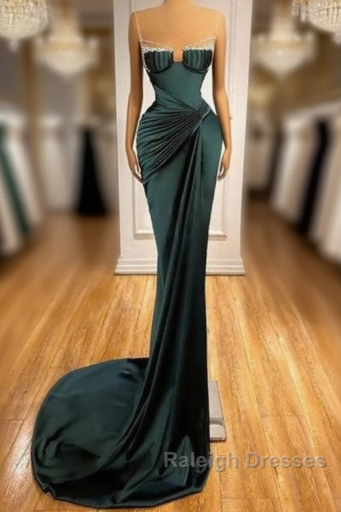 Dark Green Mermaid Spaghetti-Straps Satin Prom Dresses Long With Beadings Main image