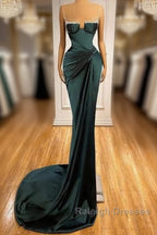 Dark Green Mermaid Spaghetti-Straps Satin Prom Dresses Long With Beadings