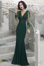 Dark Green Mermaid Spandex Long Prom Dresses With Lace Long Sleeves Prom Dress