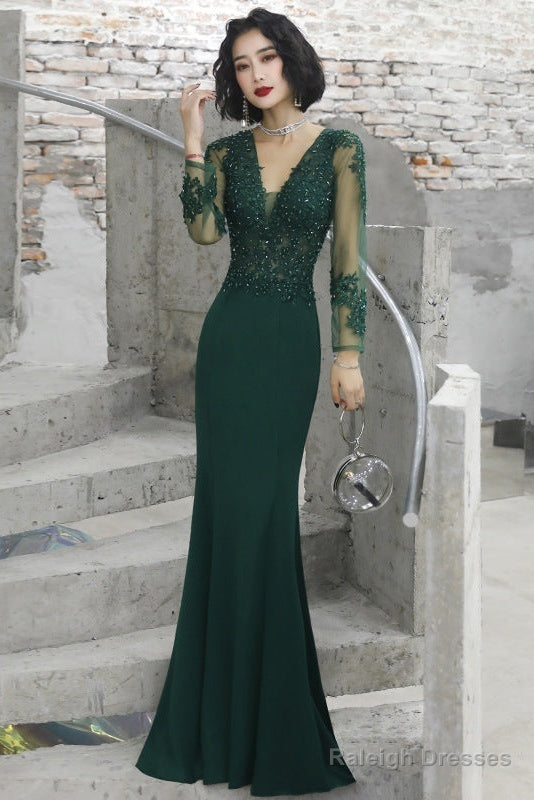 Dark Green Mermaid Spandex Long Prom Dresses With Lace Long Sleeves Prom Dress