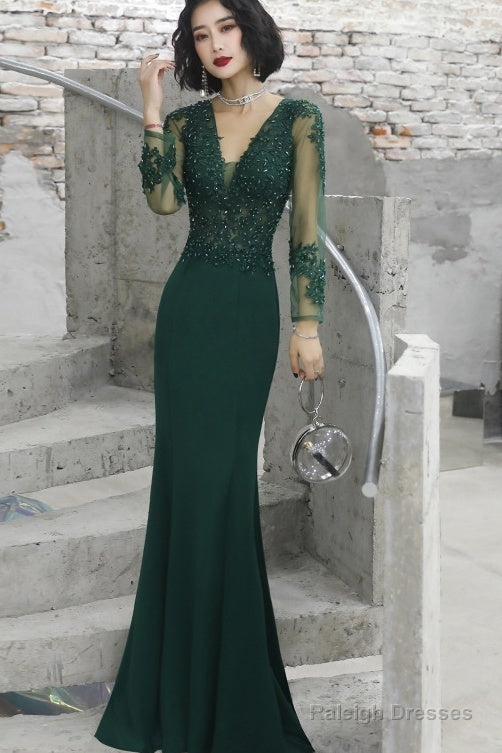 Dark Green Mermaid Spandex Long Prom Dresses With Lace Long Sleeves Prom Dress Main image