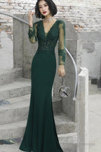 Dark Green Mermaid Spandex Long Prom Dresses With Lace Long Sleeves Prom Dress