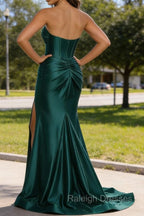Dark Green Mermaid Sweetheart Corset Prom Dresses Long with Slit