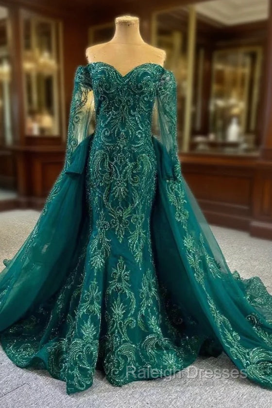 Dark Green Mermaid Tulle Appliques Beading Prom Dress Main image