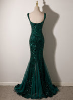 Dark Green Mermaid Tulle With Sequins Straps Prom Dresses Mermaid Long Prom Dresses