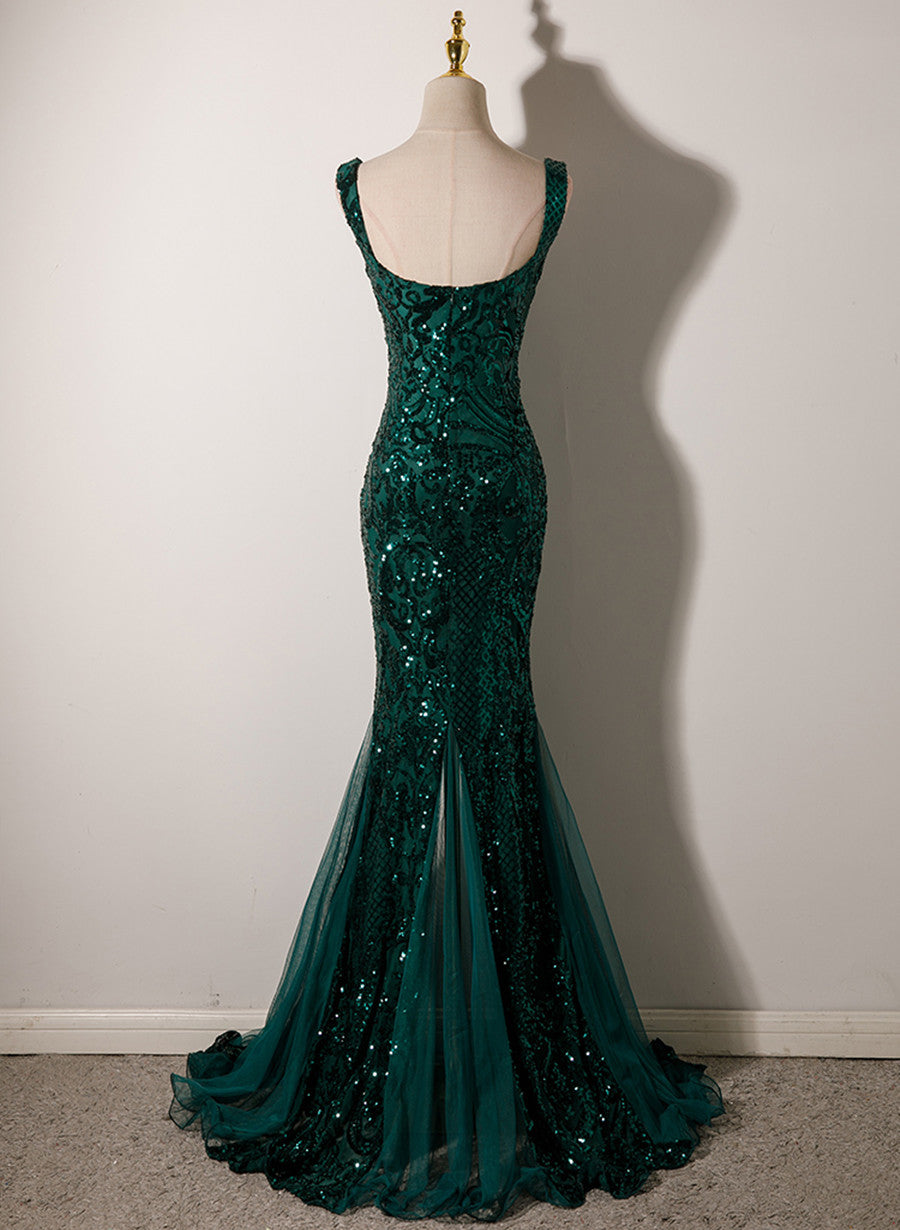 Dark Green Mermaid Tulle With Sequins Straps Prom Dresses Mermaid Long Prom Dresses