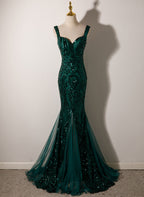 Dark Green Mermaid Tulle With Sequins Straps Prom Dresses Mermaid Long Prom Dresses